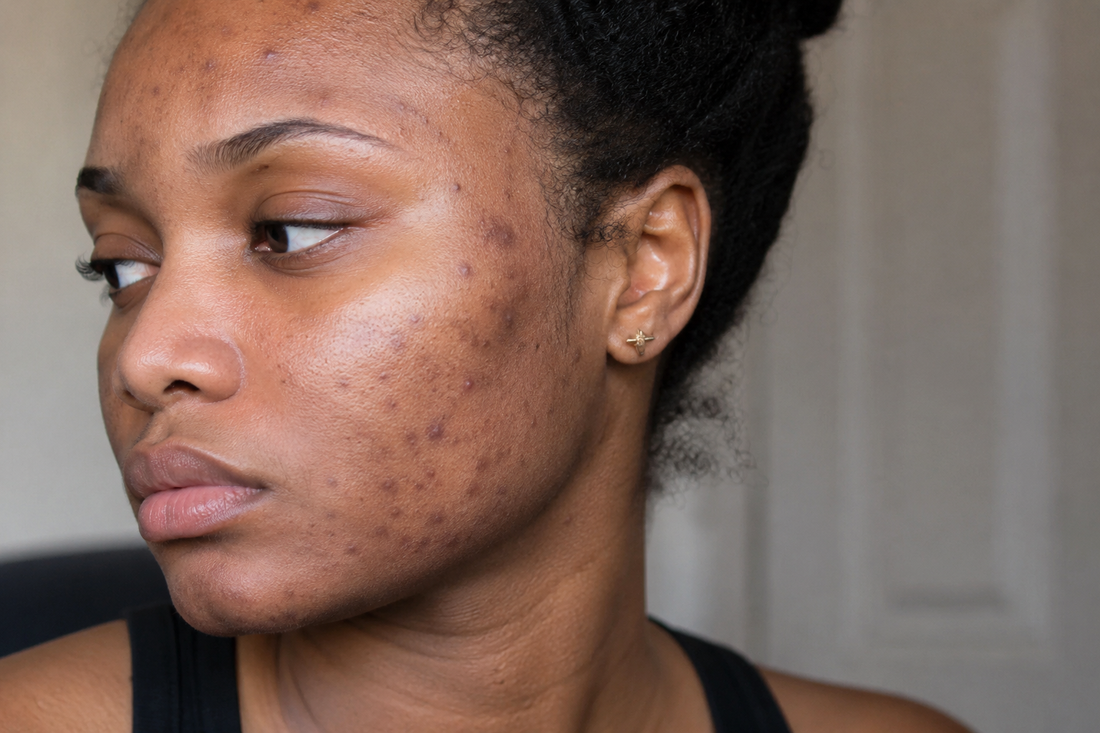 Woman with melanin-rich skin applying brightening body care products to support an even, glowing complexion