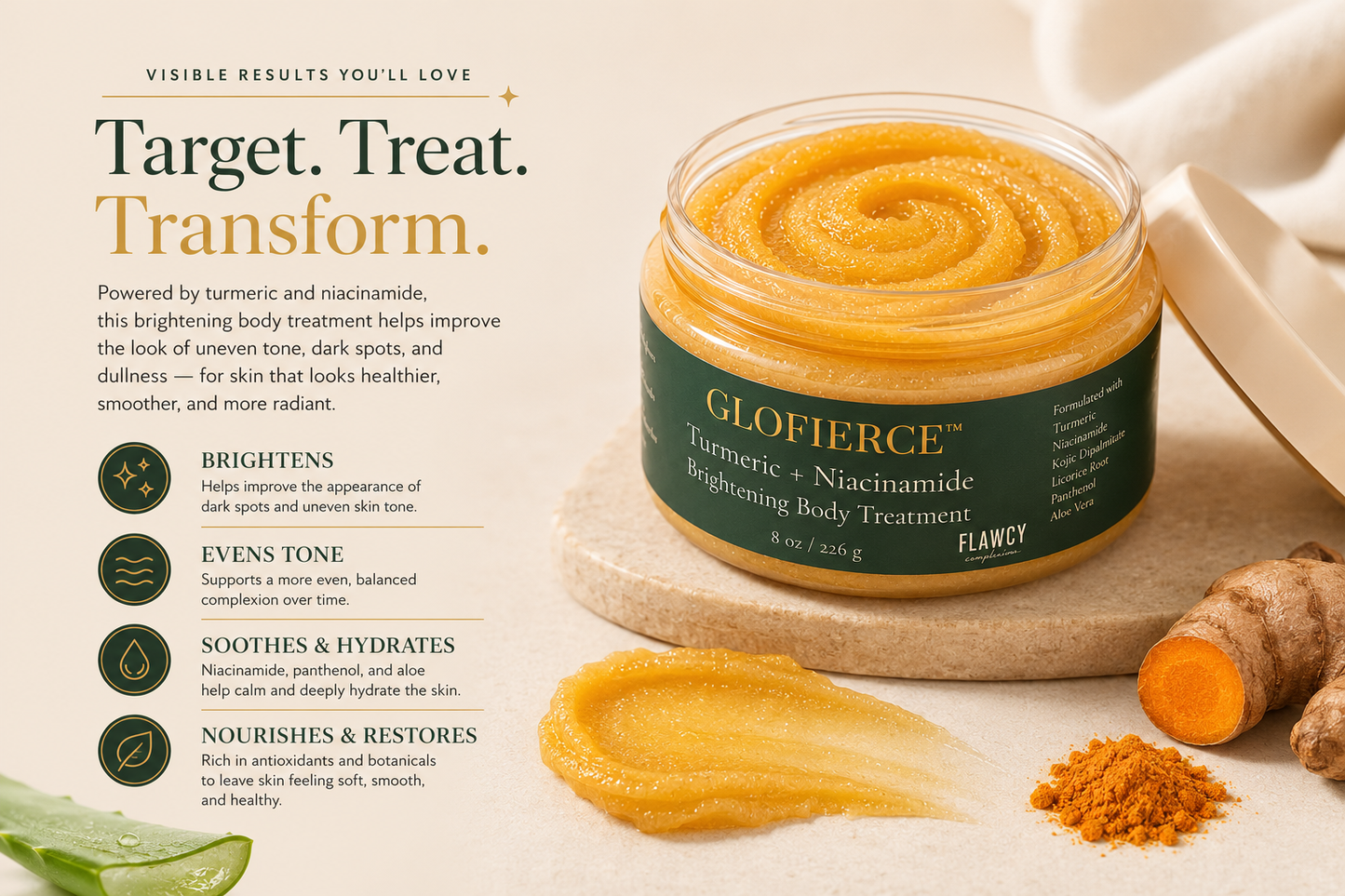 GLOFIERCE TURMERIC + NIACINAMIDE BRIGHTENING BODY TREATMENT